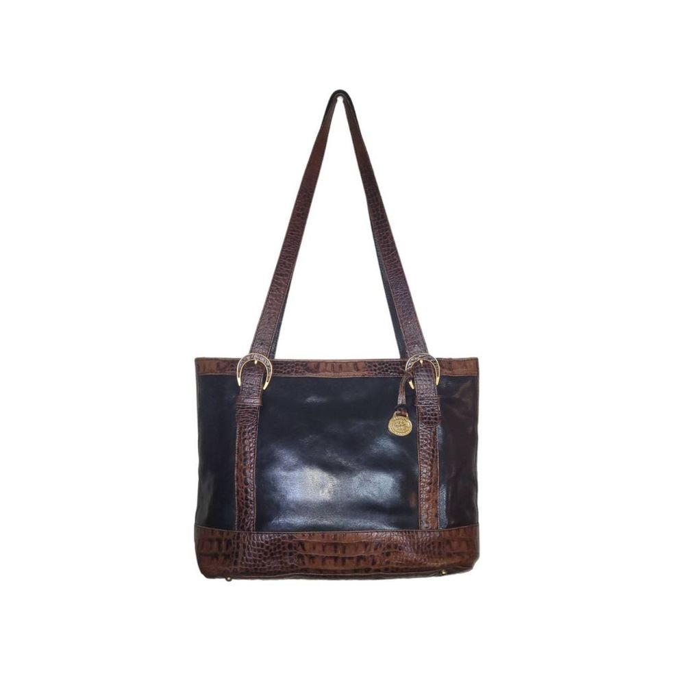 Vintage Brahmin Black/Pecan Crocodile Leather Trim Shoulder Bag Medium Tote